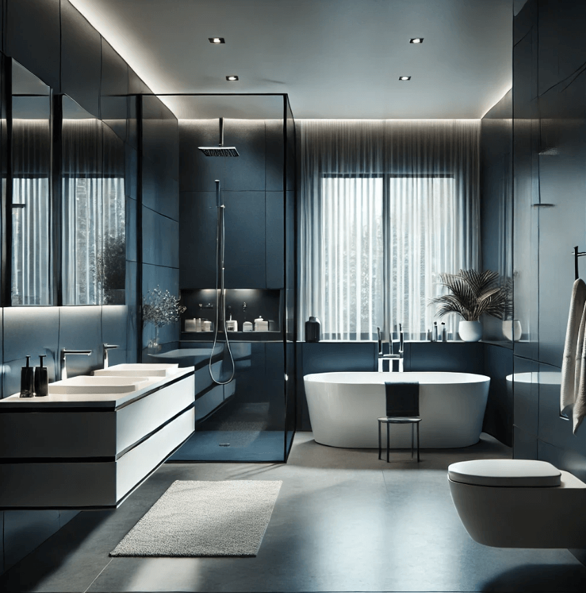 contemporary-dark-blue-bathroom a grey living room designed in a contemporary style