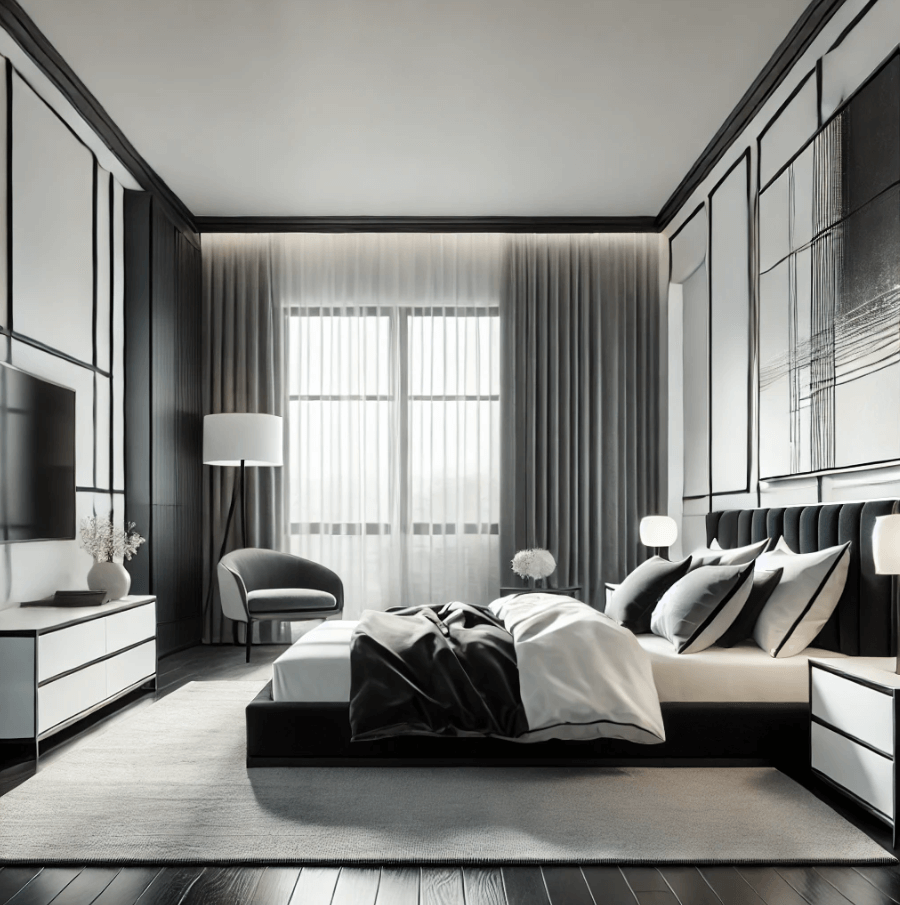 contemporary-monochrome-bedroom a grey living room designed in a contemporary style