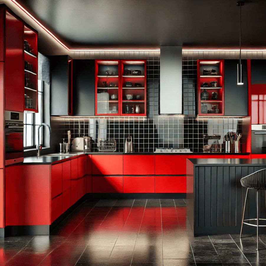 contemporary-red-and-black-kitchen a bedroom designed in a quiet luxury style